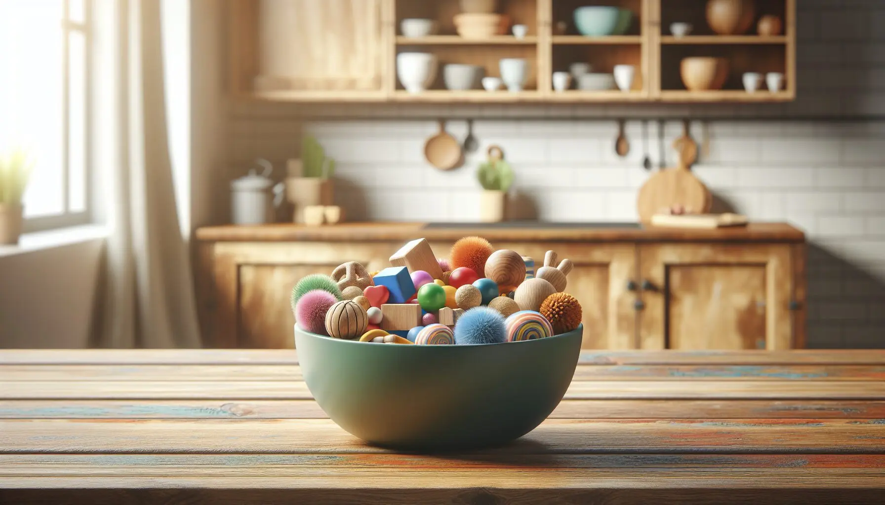 Generate an image of a variety of textured objects like wooden blocks, pom-poms, and spiky balls in a colorful bowl.