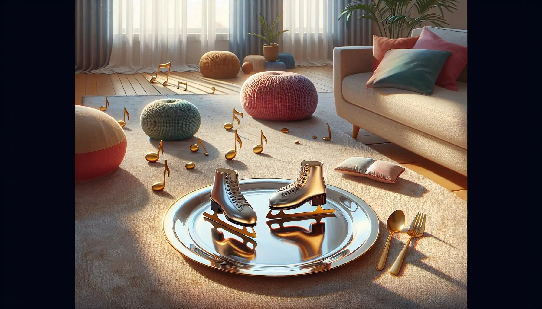 Depict a cheerful set-up with music notes floating in the air, symbolizing imaginative play and joyous movement.