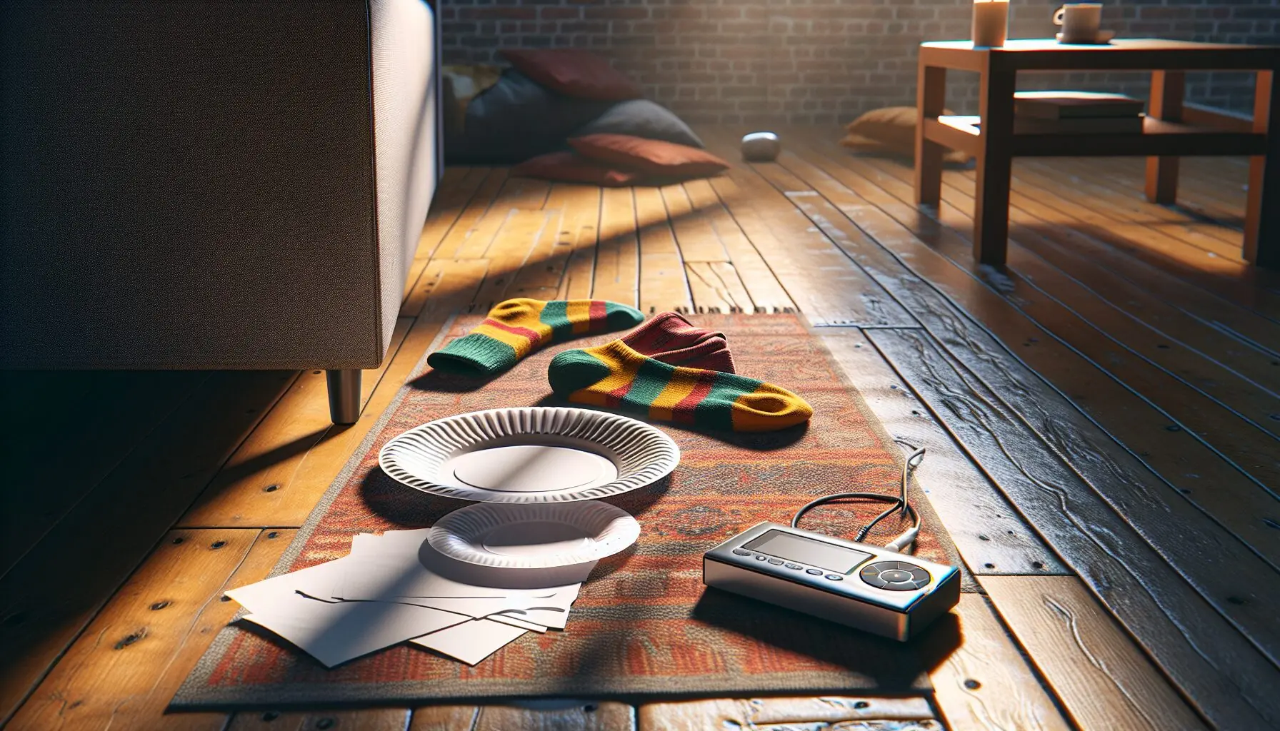 Generate an image of a child in socks, in a playful skating pose.