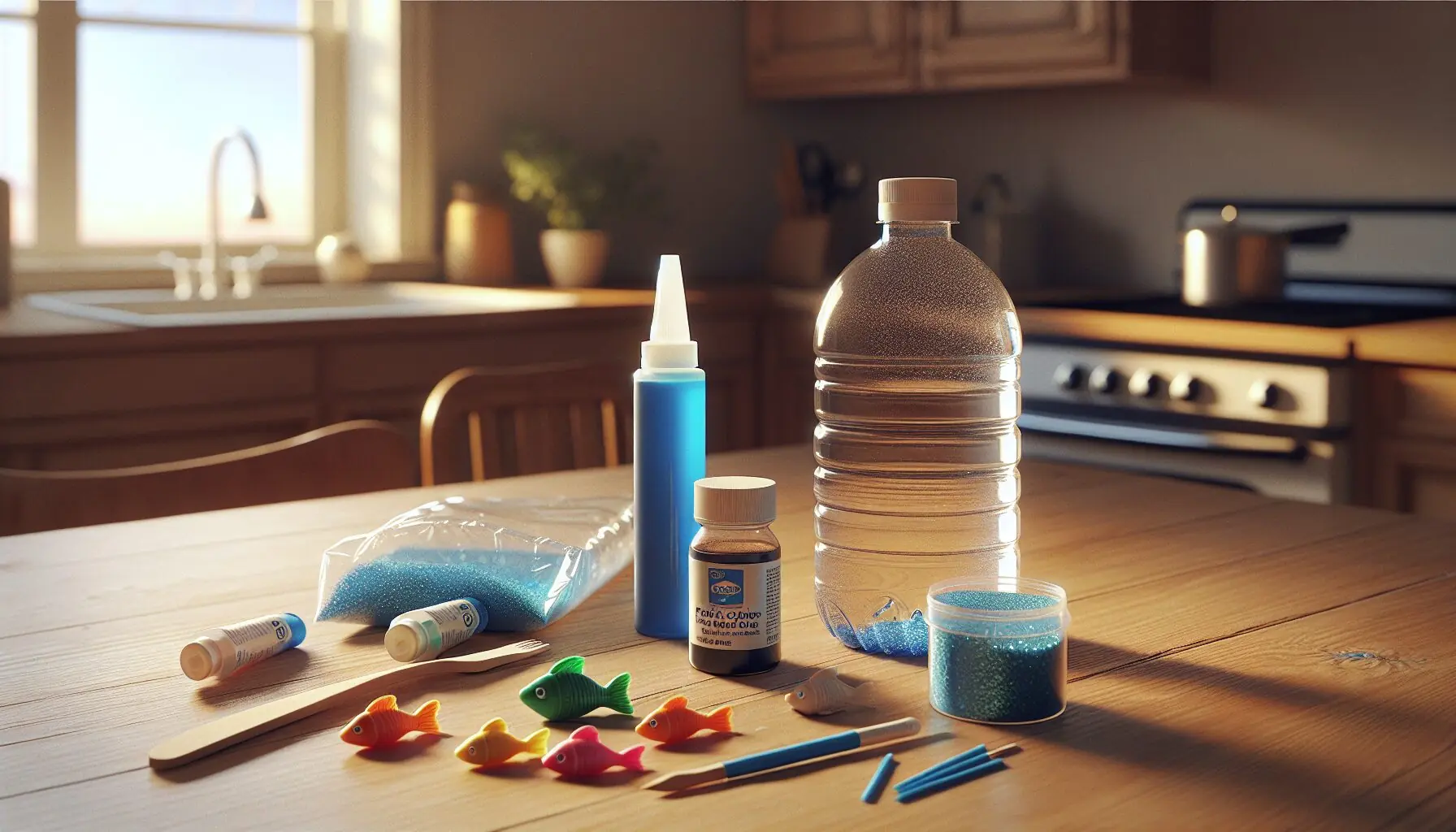 Generate an image of craft materials: a plastic bottle, blue food coloring, small plastic fish, and glitter.