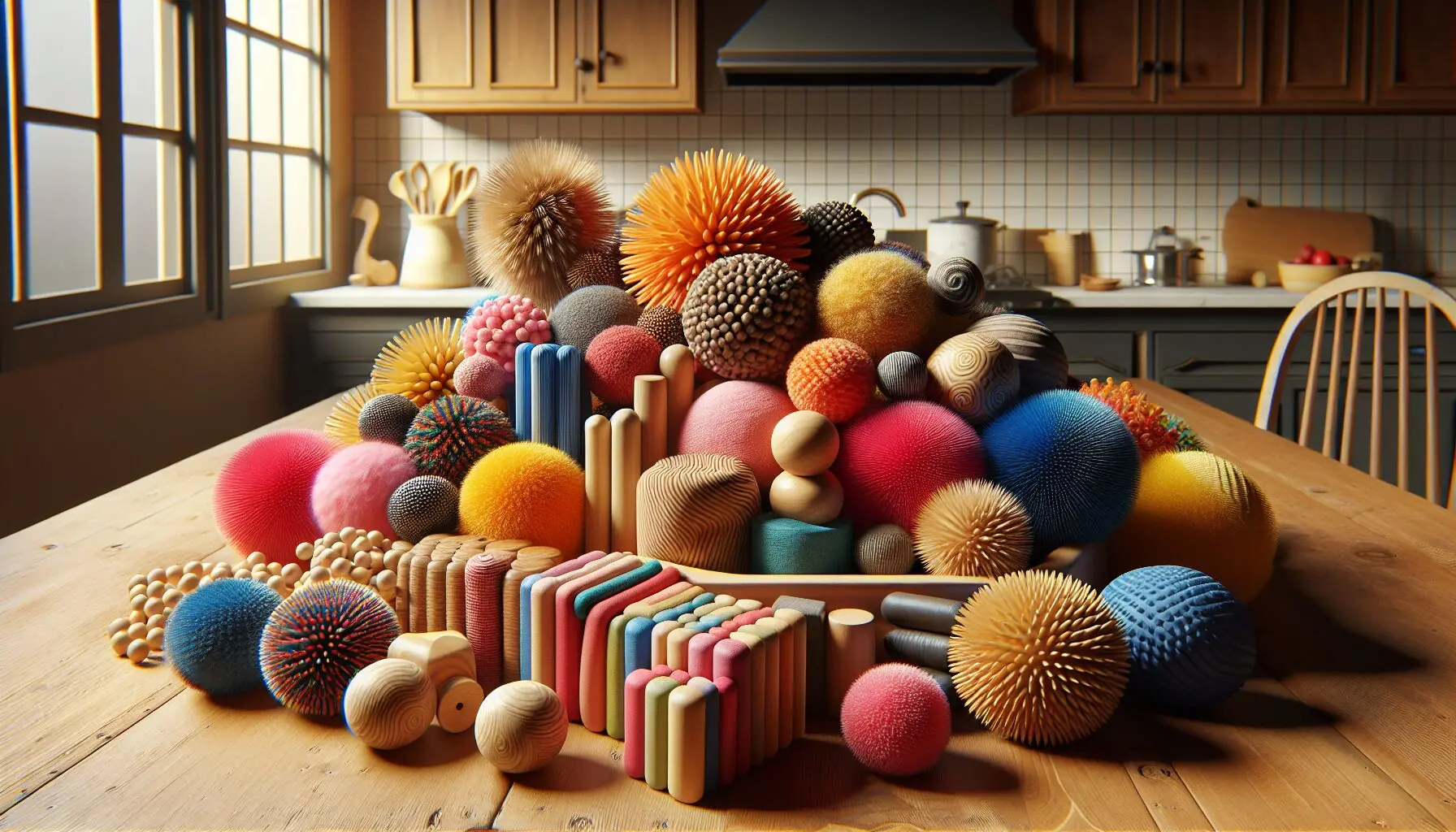 Generate an image of hands sorting textured objects into color-coded piles on a table.