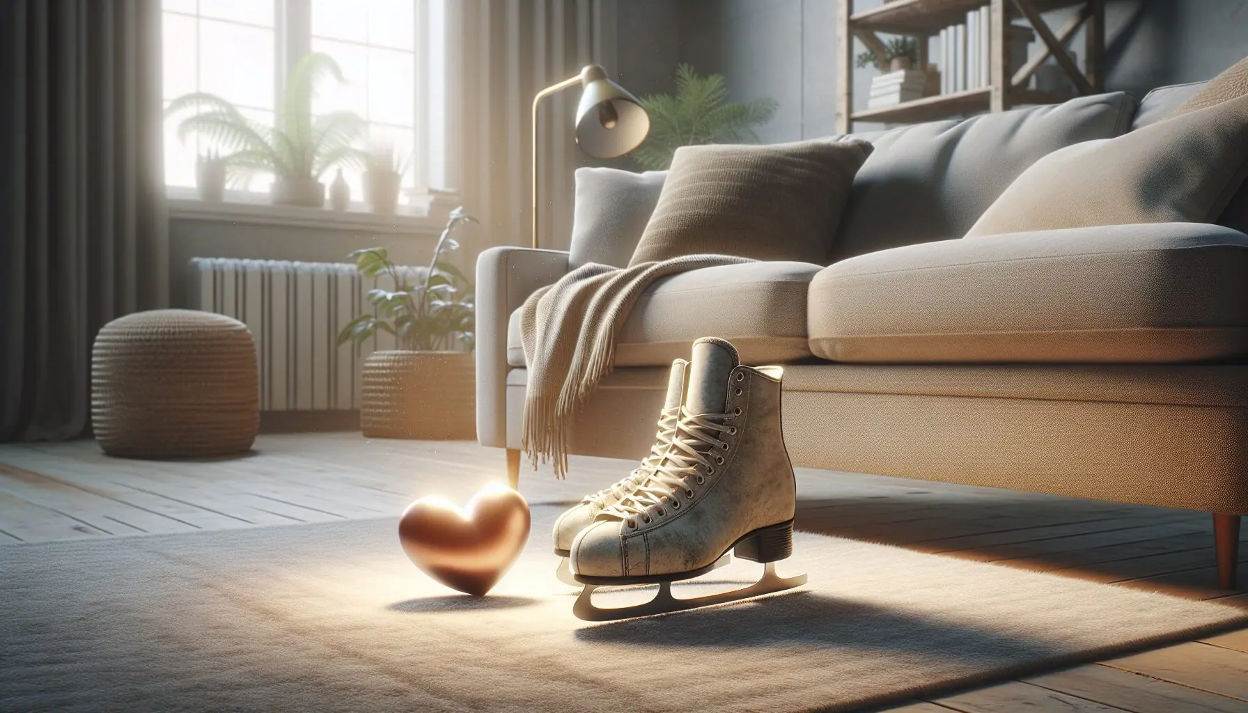 Generate an image of a softly glowing heart next to a pair of ice skates.