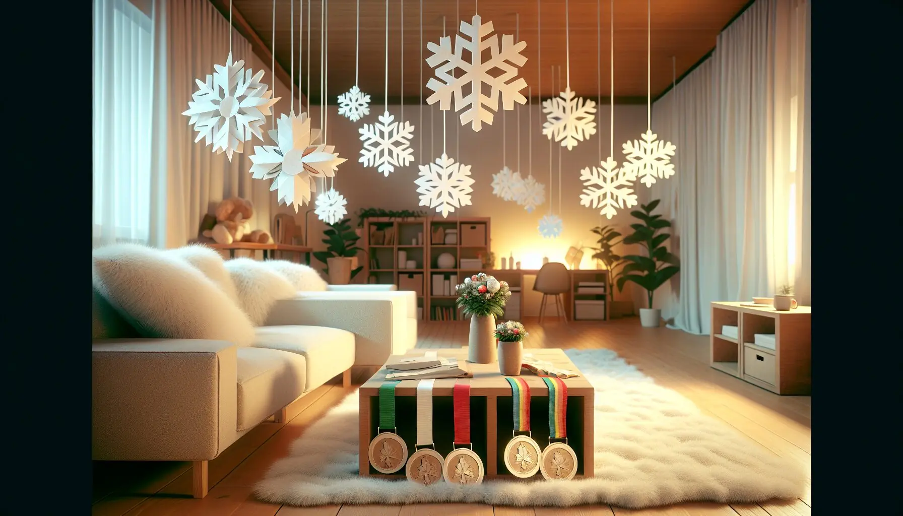 Generate an image of a cozy living room with imaginary ice-skating decorations, like paper snowflakes and homemade medals.