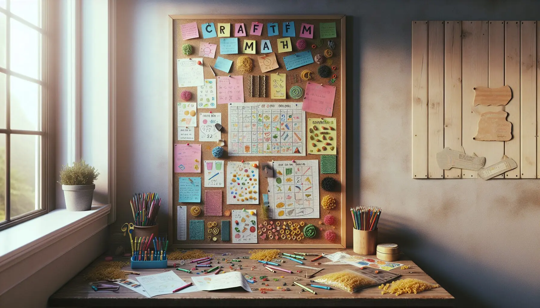 Generate an image of a bulletin board with pinned notes, sketches, and photos of playful math activities.