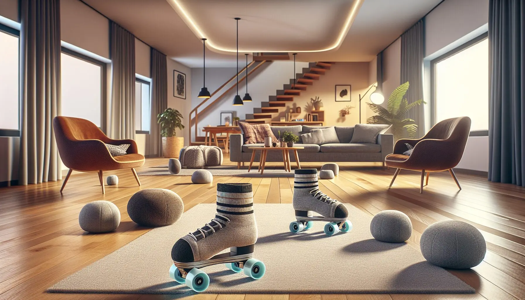 Generate an image of a small group of children pretending to skate indoors, with laughter all around.