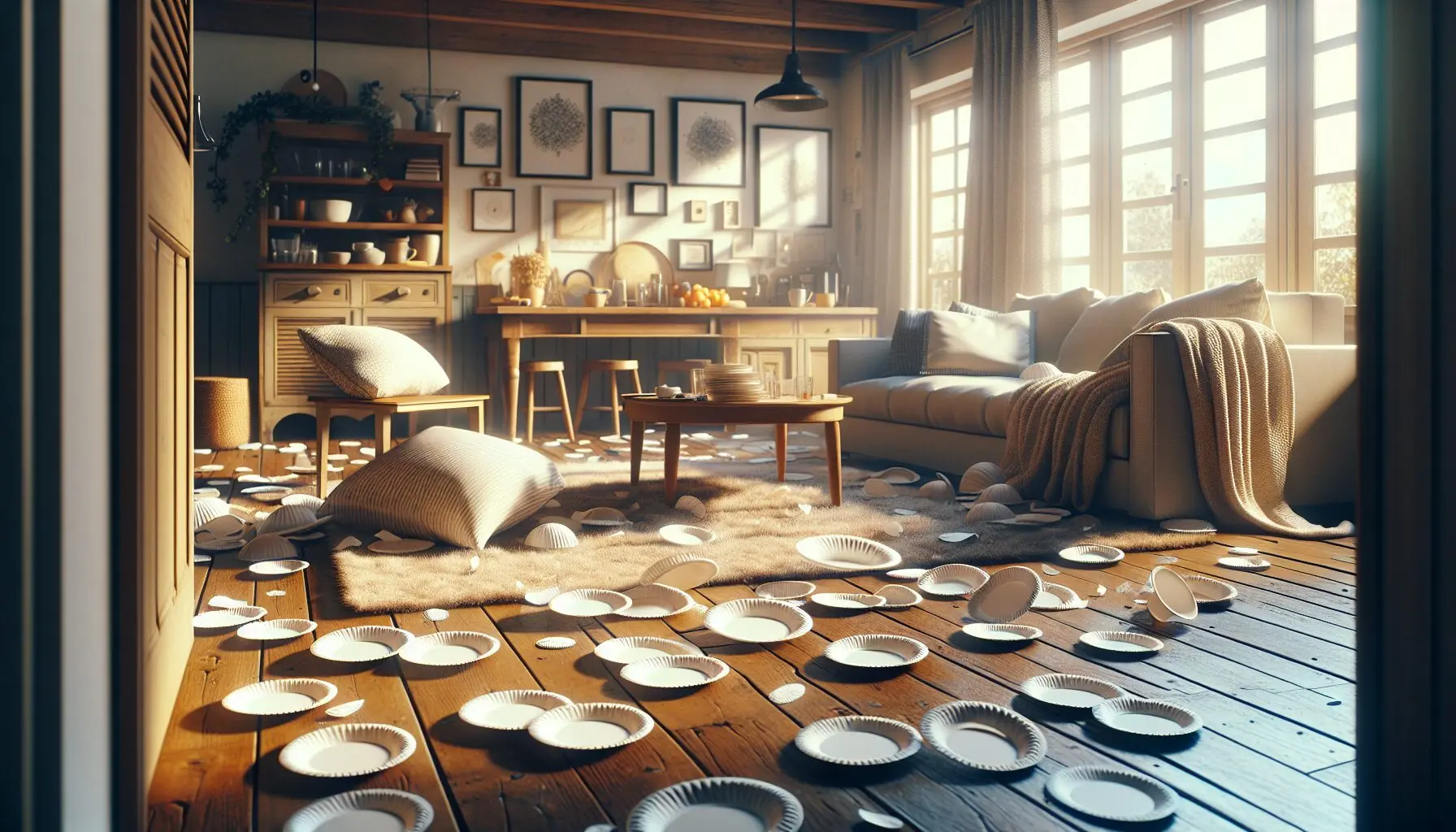 Generate an image of an indoor space cleared, with paper plates on the floor.