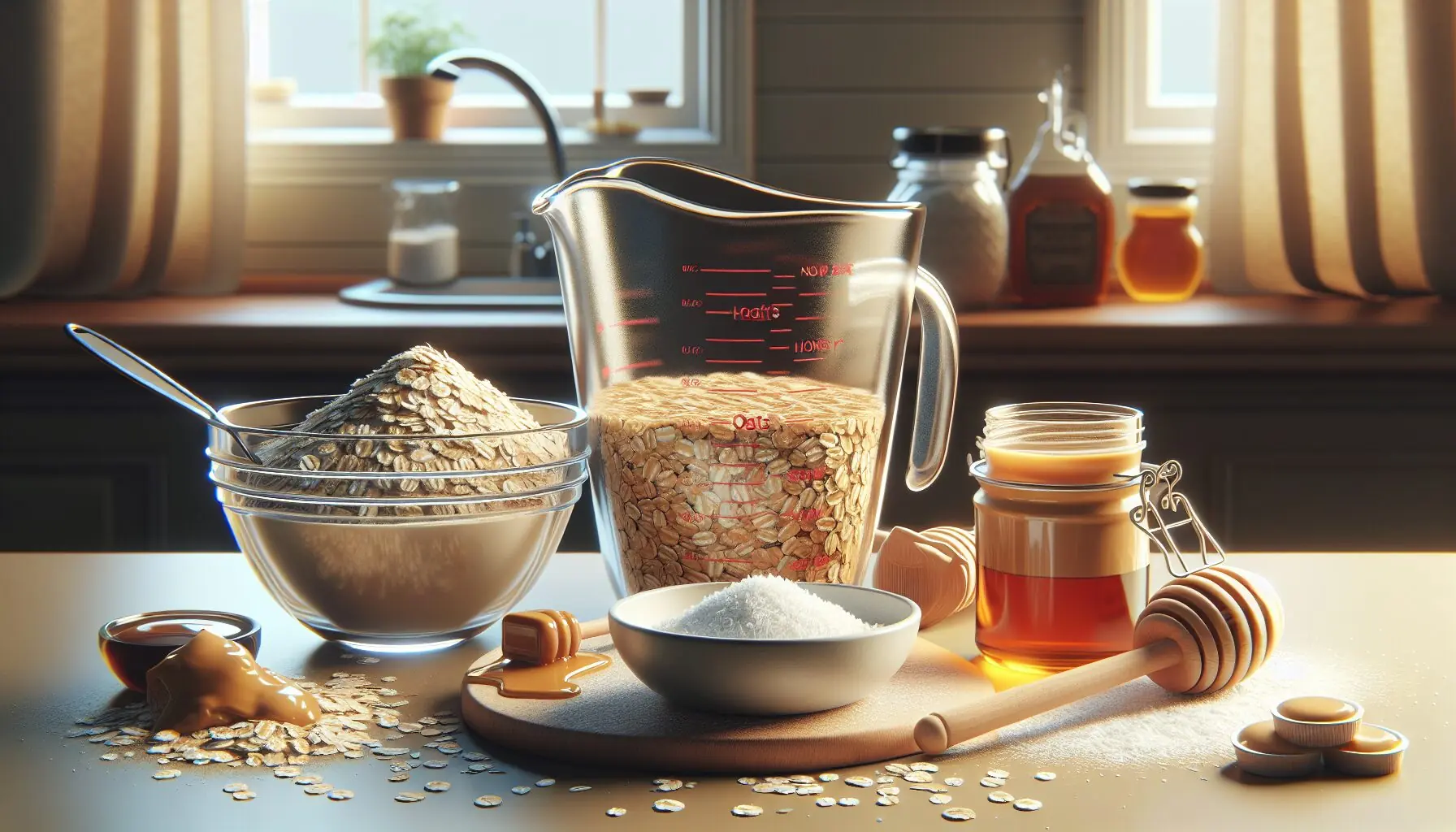 Generate an image of ingredients like oats, peanut butter, honey, and coconut flakes laid out on a bright kitchen counter.