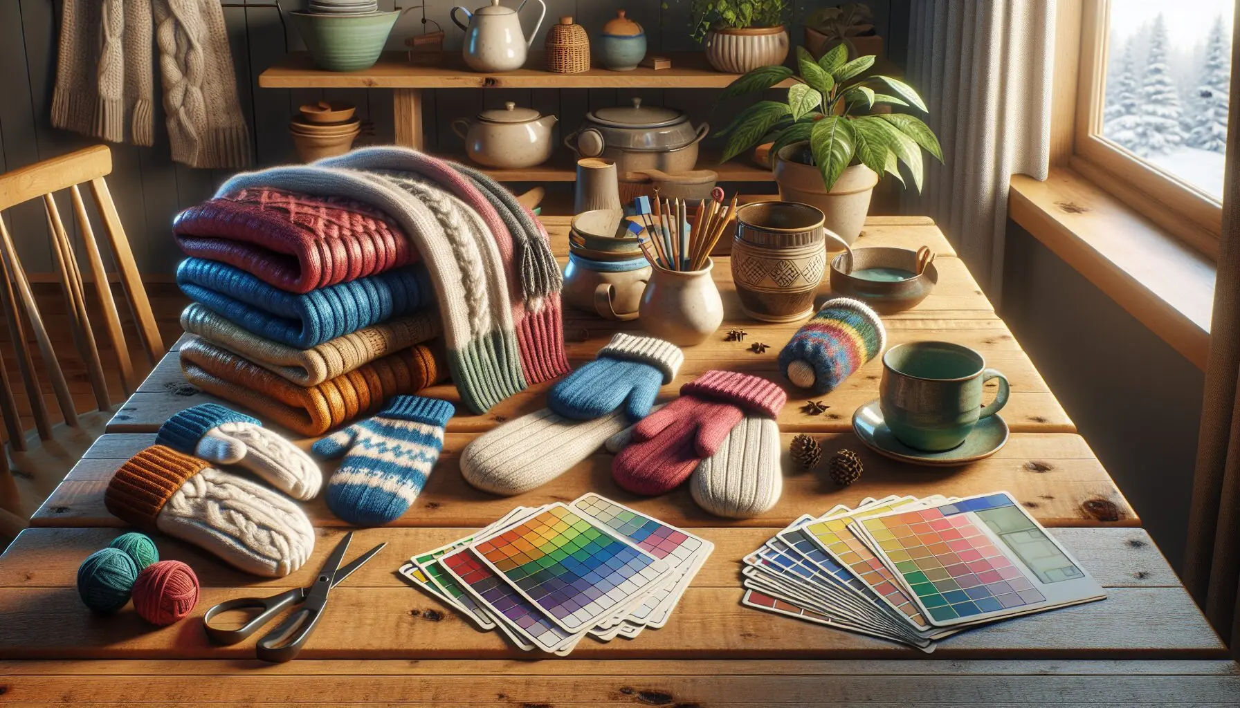 Generate an image of a child and adult happily discussing colorful objects at a table, with winter hues visible.