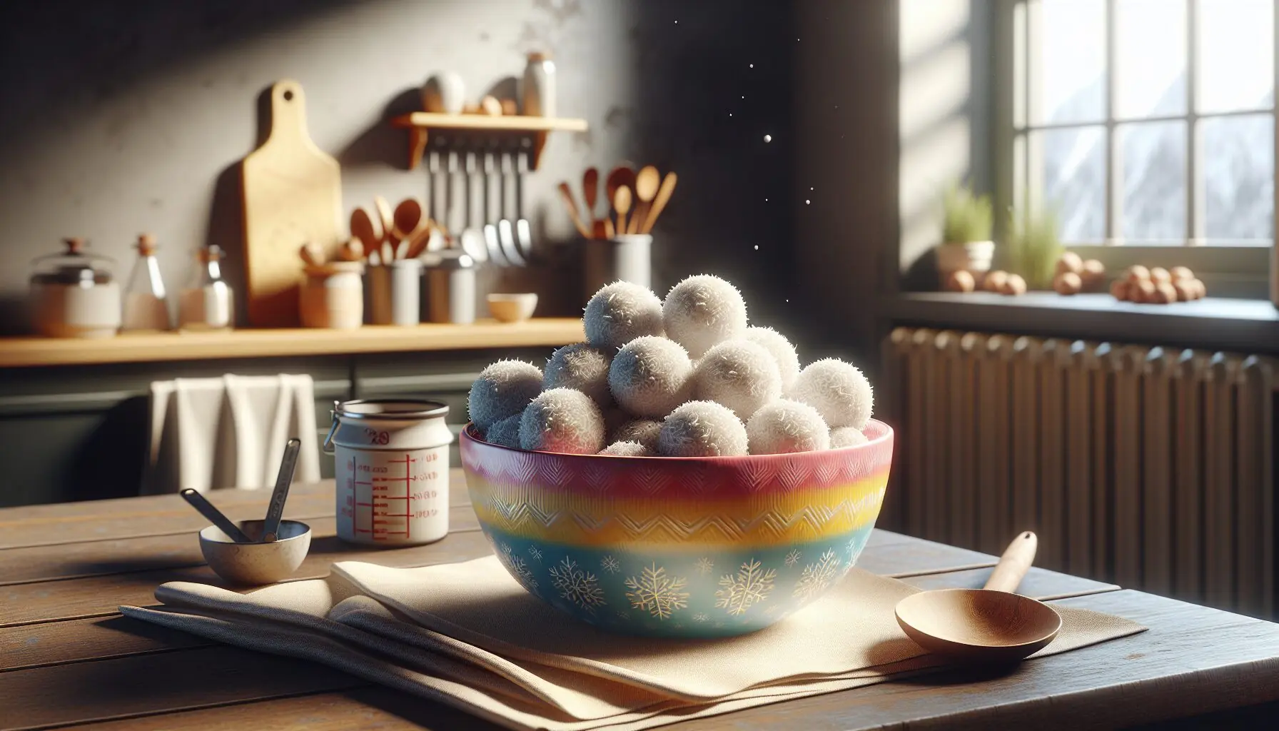 Generate an image of children proudly displaying their coconut snowballs in a colorful winter-themed bowl.