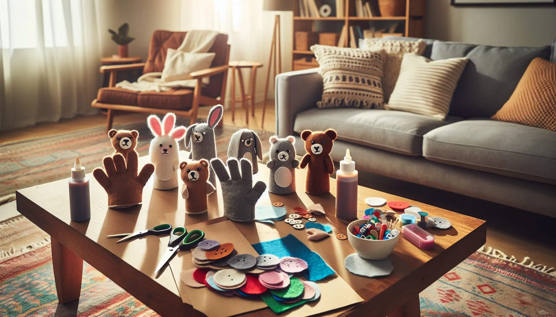 Generate an image of a child animating finger puppets, focusing on the puppets and small hands in action.