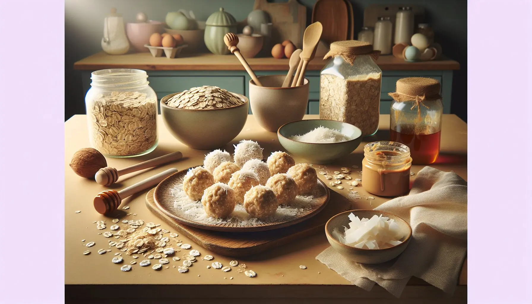 Generate an image of the finished snowball treats on a rustic plate, with a background of cheerful, pastel kitchen decor.