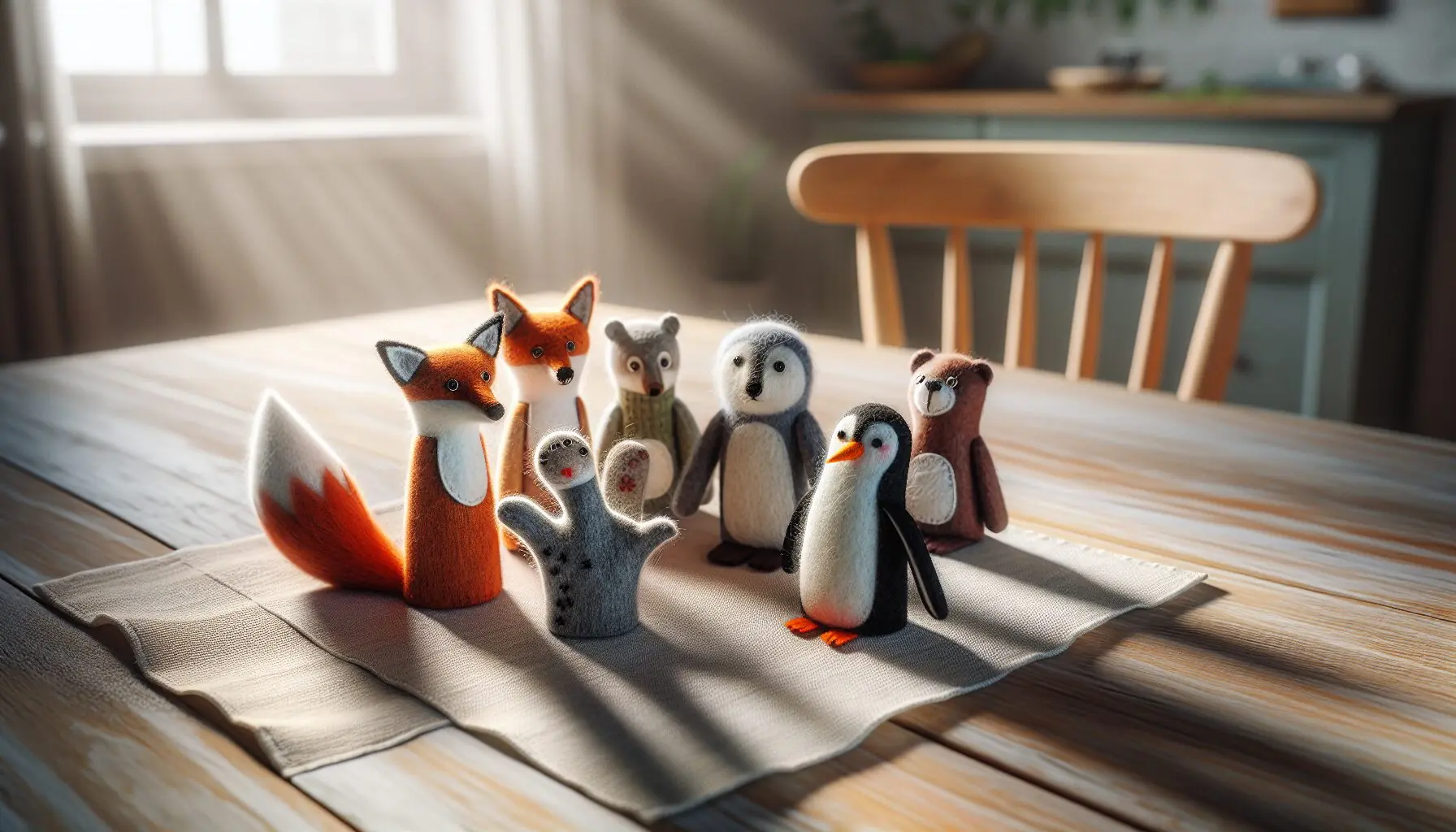 Generate an image of colorful finger puppets depicting winter animals like a fox, penguin, and bear.