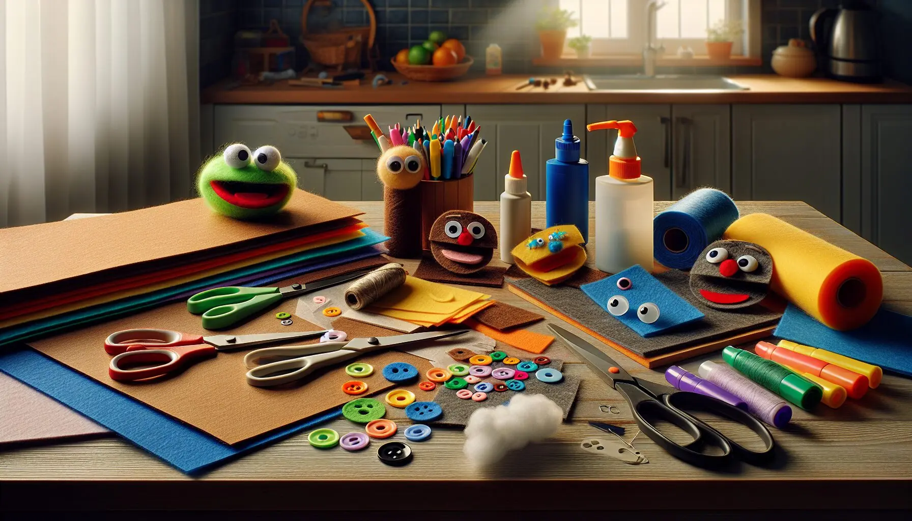 Generate an image displaying craft materials—felt, scissors, markers, glue—arranged artfully on a table.