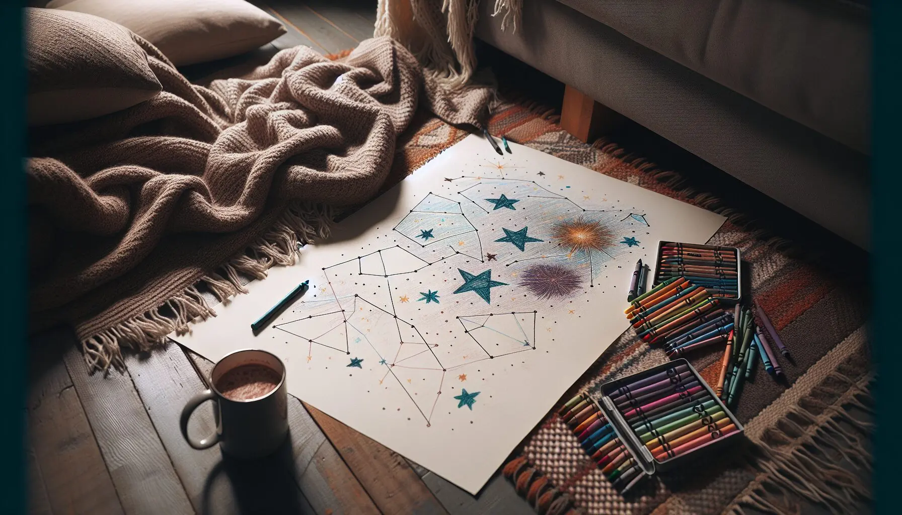 Illustrate a child drawing a map of the constellations with simple lines and stars, using crayons on paper.