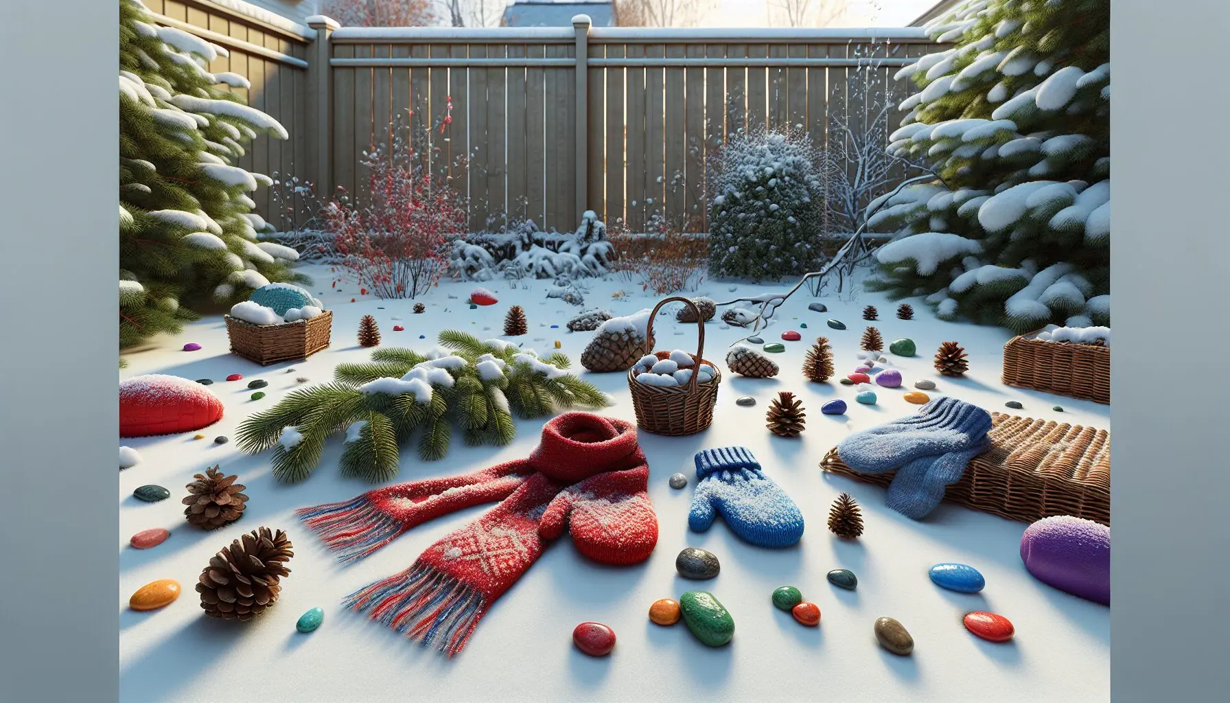 Generate an image of a snowy landscape with various colored winter objects strewn playfully around.