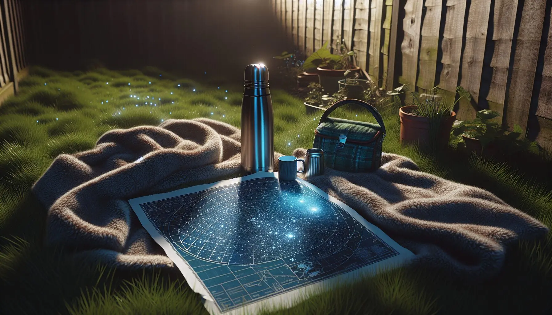 Generate an image of a cozy stargazing setup with a blanket, thermos, and star map on a grassy surface.