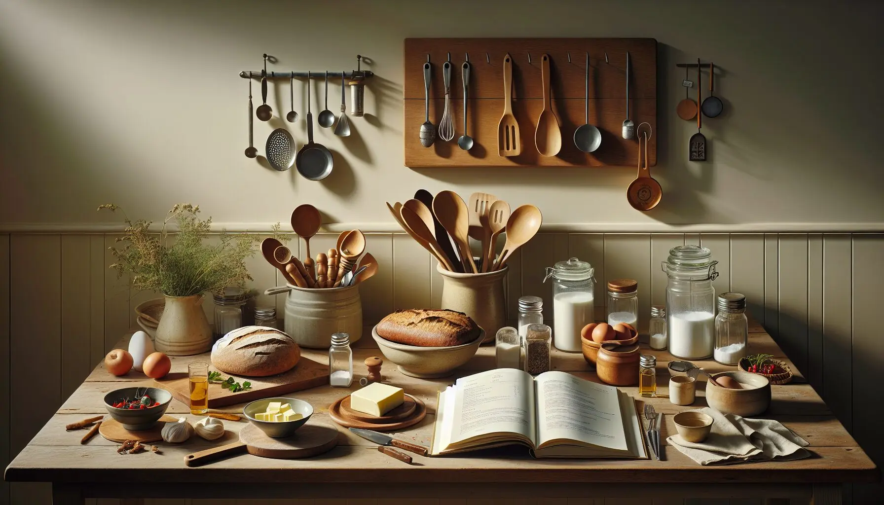 Generate an image of a cozy kitchen filled with warm light and ingredients ready for a family cooking session.