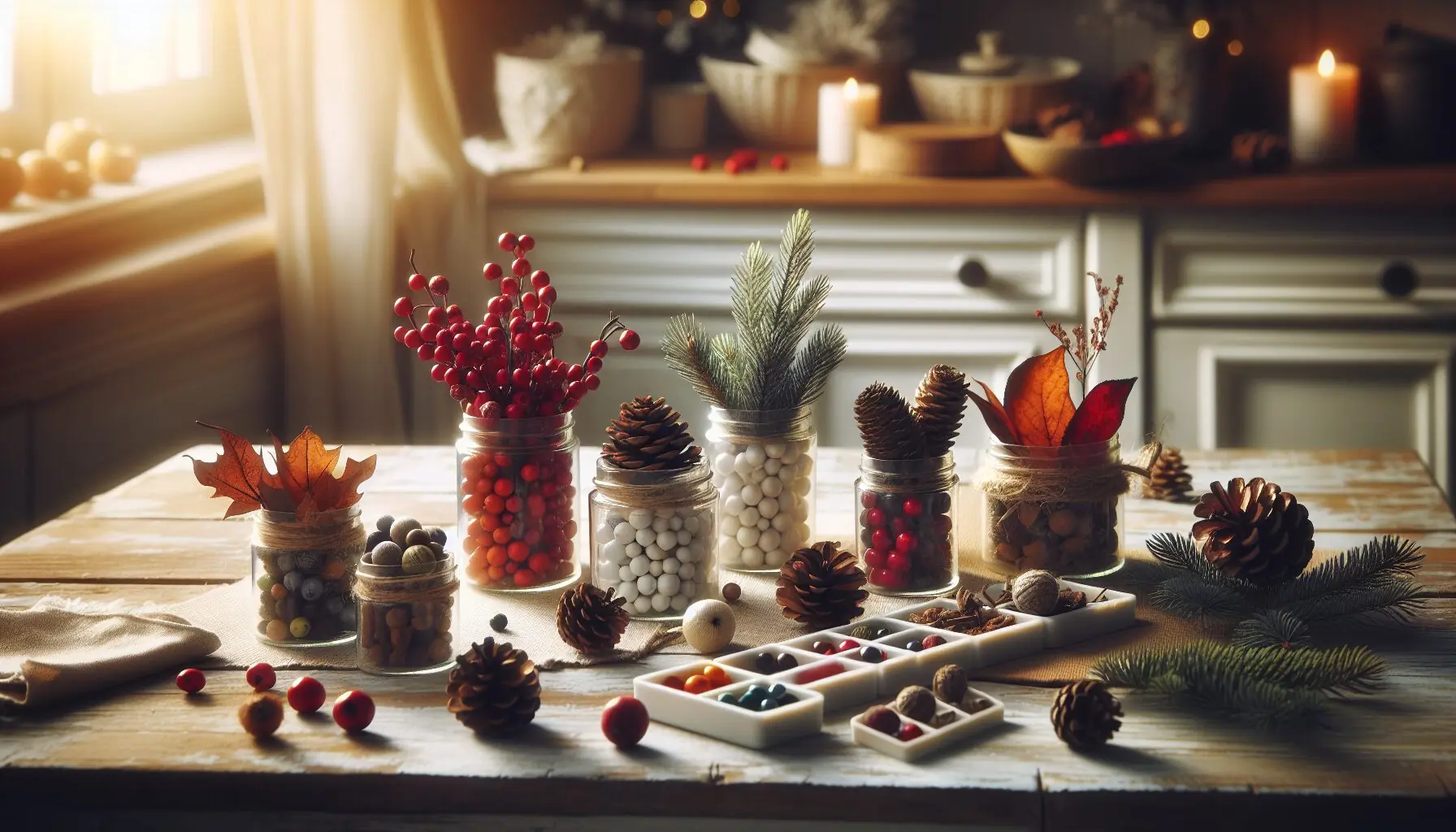 Generate an image of natural items like pinecones and berries, organized by color in small containers.