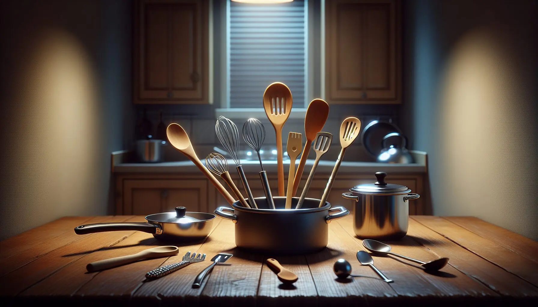 Create an image showing pots, pans, and wooden spoons arranged in a playful musical setup.