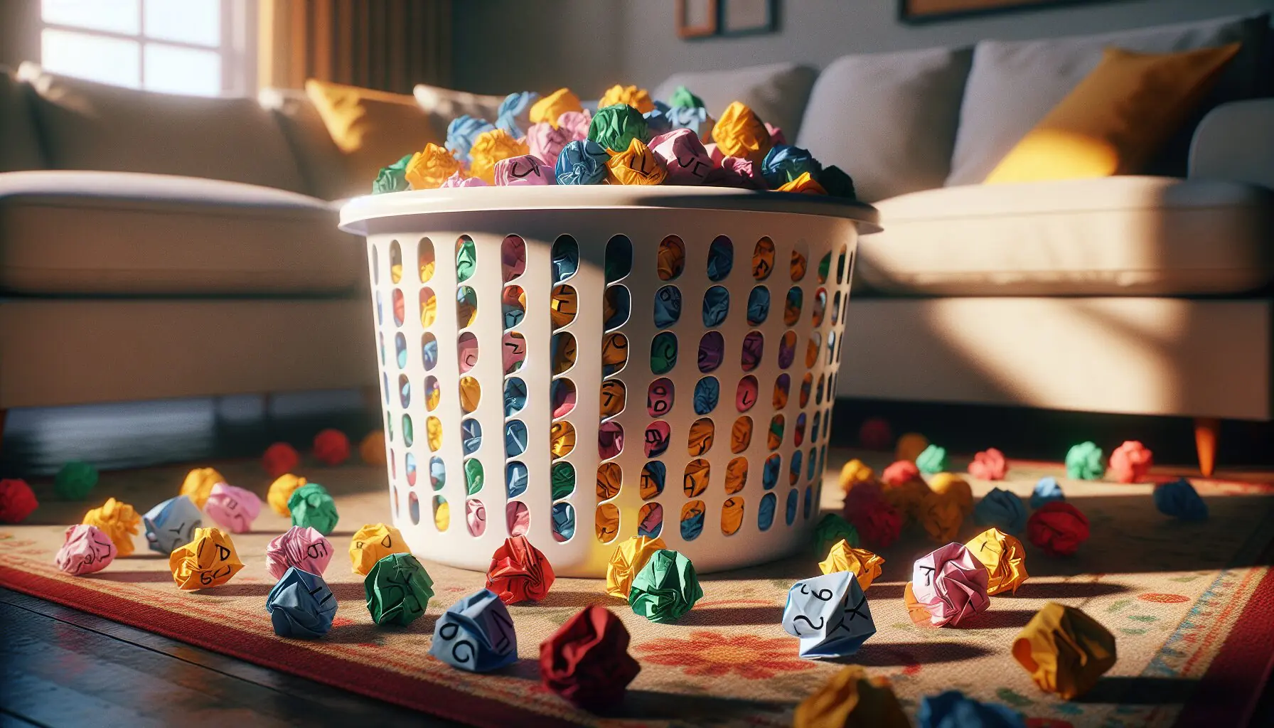 Generate an image of a basket with colorful paper snowballs beside it, featuring alphabet letters.
