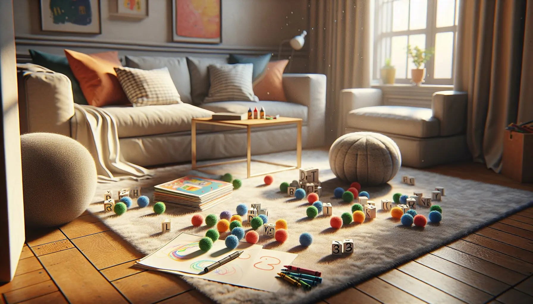 Generate an image of parents and children interacting with paper snowball letters in a playful setting, avoiding direct human depiction.