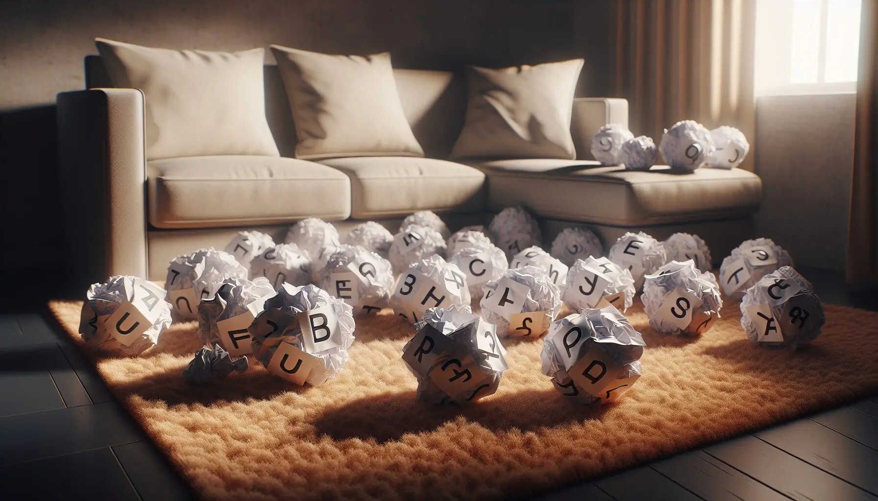 Generate an image of alphabet letters on crumpled paper snowballs scattered in a cozy indoor setting.