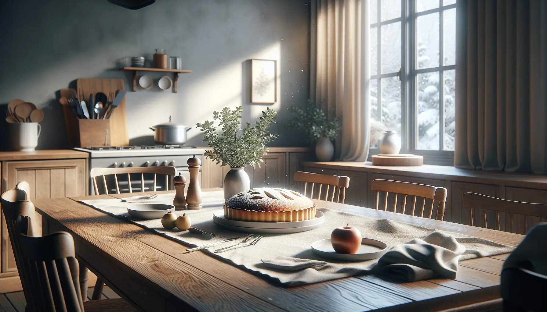 Generate an image of a warm, family dining space with a freshly baked dessert on a table, snow visible through the window.