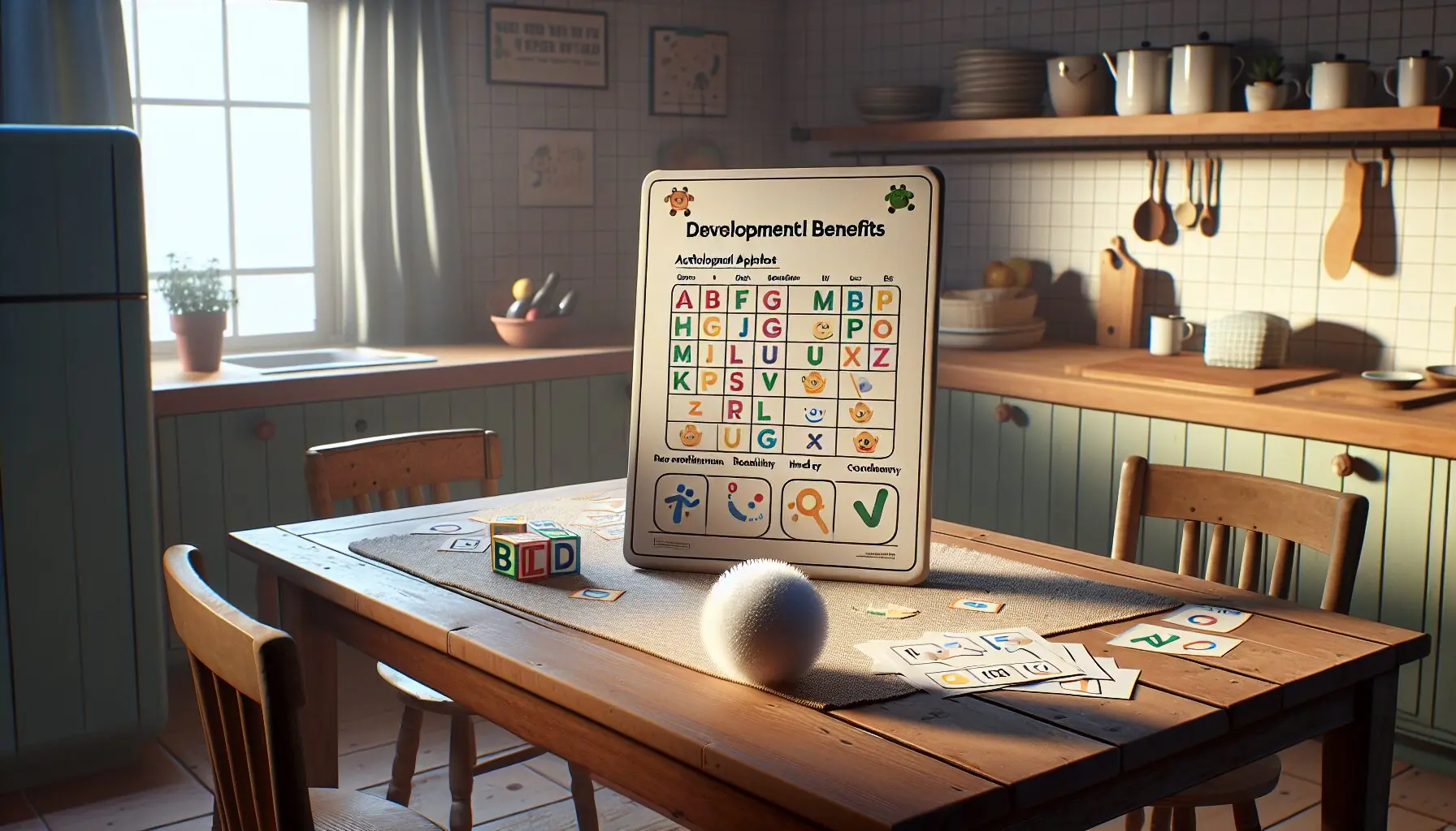 Generate an image of a simple chart showing developmental benefits: letter recognition and hand-eye coordination, with playful icons.