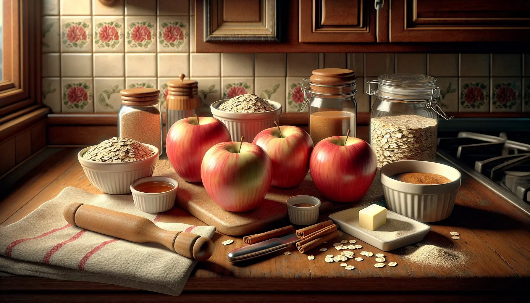 Generate an image of a small kitchen setup with apples, oats, cinnamon, and baking utensils on a countertop.