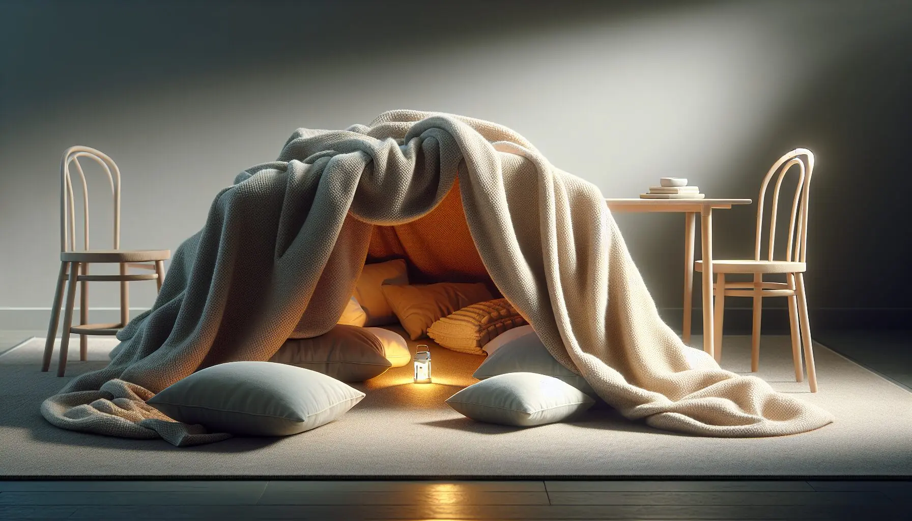 Generate an image of a cozy blanket fort made with pillows and a flashlight inside, representing an owl's nest.