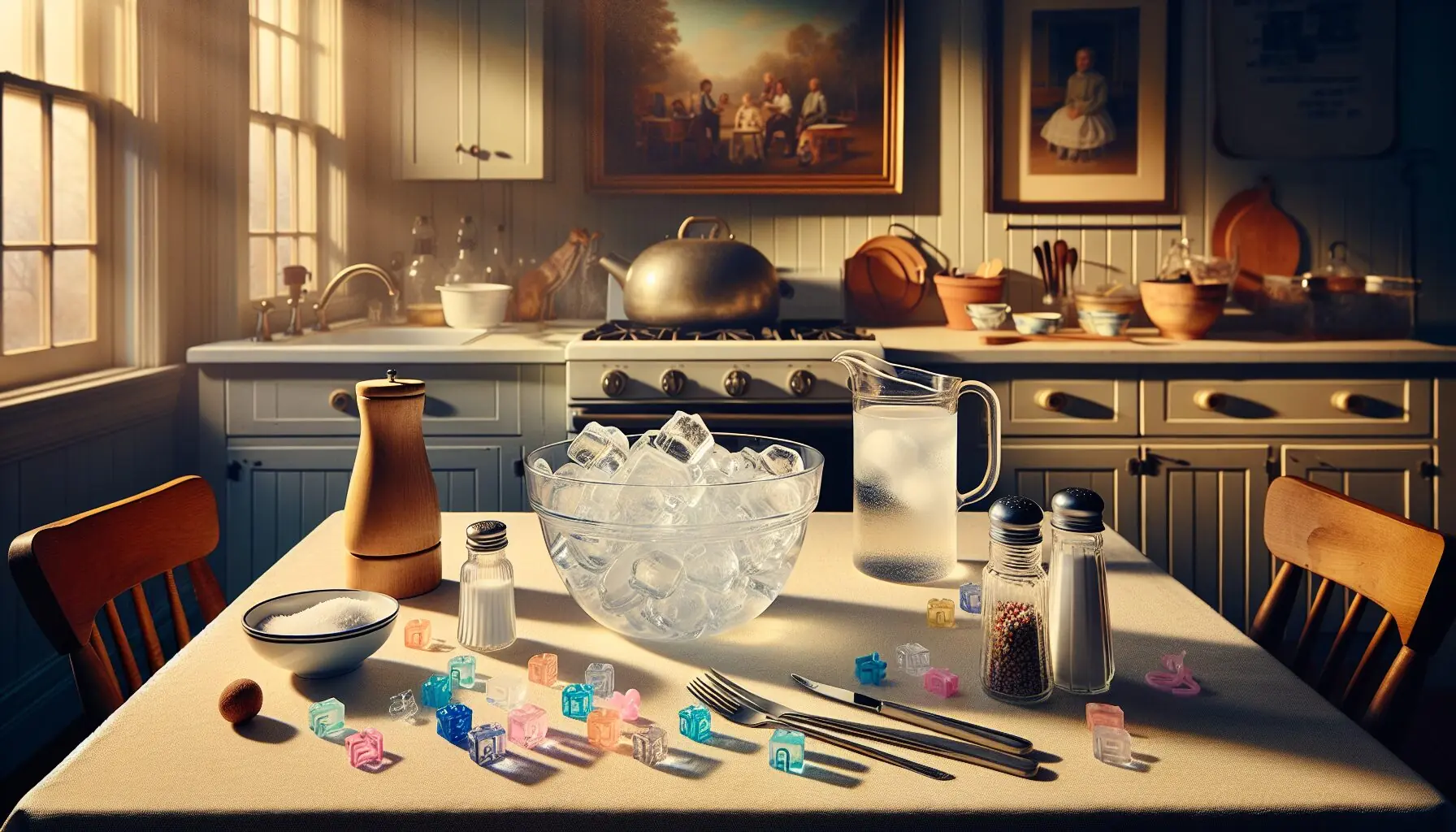 Generate an image showing the materials: a large bowl, plastic toys, salt, and a jug of warm water.