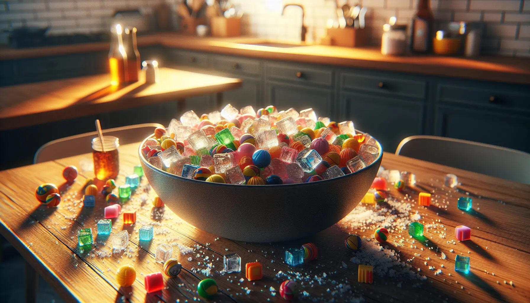 Generate an image of a large bowl filled with ice, colorful small toys visible inside, and a sprinkle of salt on top.