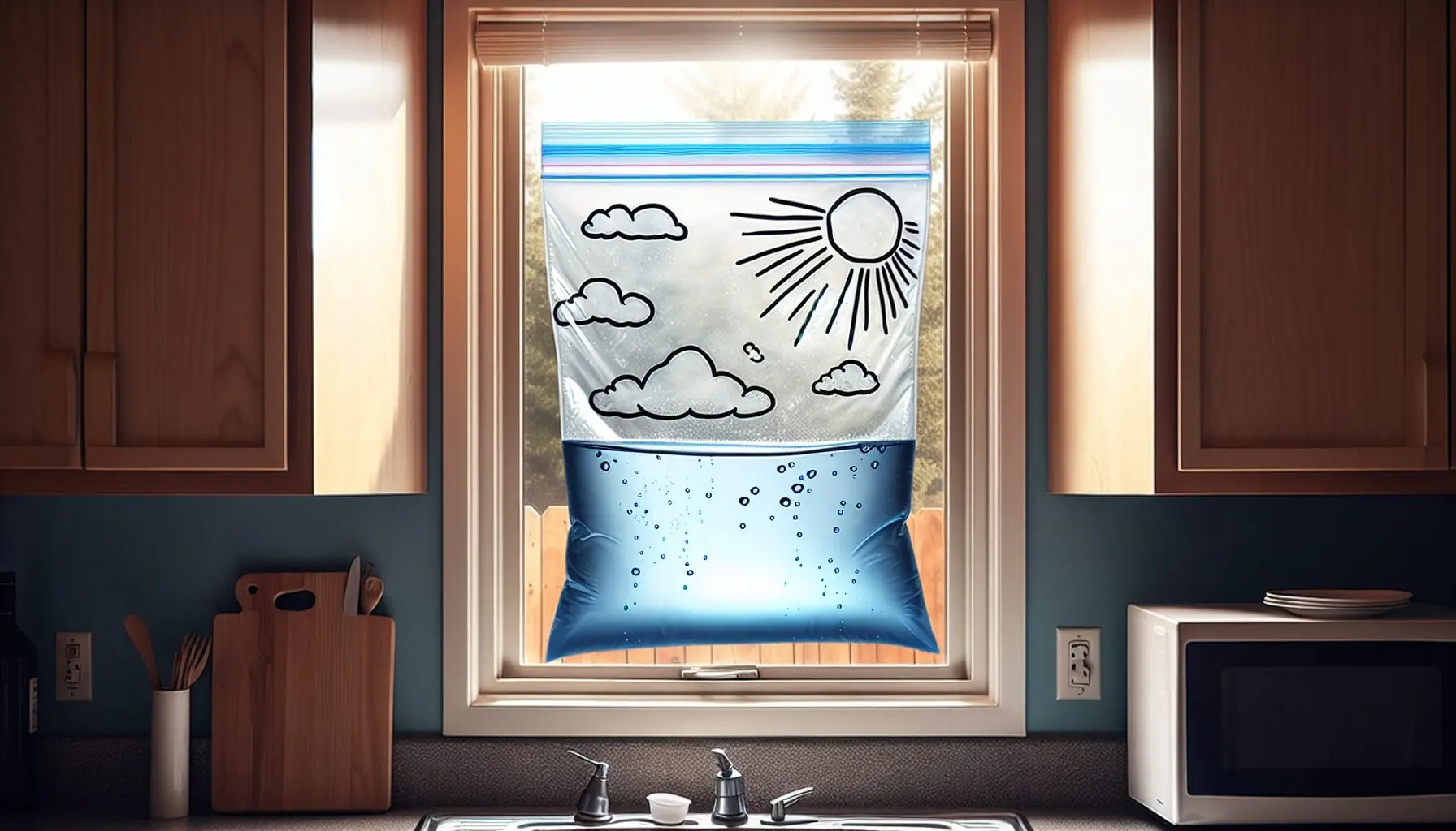 Create an image of a clear ziplock bag with blue water inside, taped to a window, emphasizing condensation droplets forming inside.