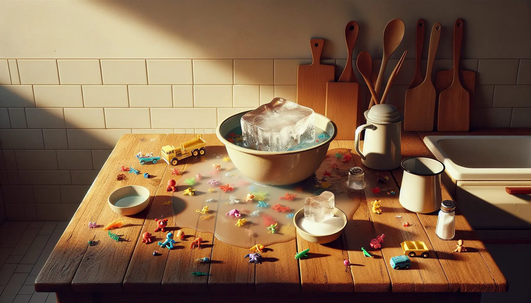 Generate an image illustrating a child using warm water and salt to melt ice, toys emerging from the icy surface.