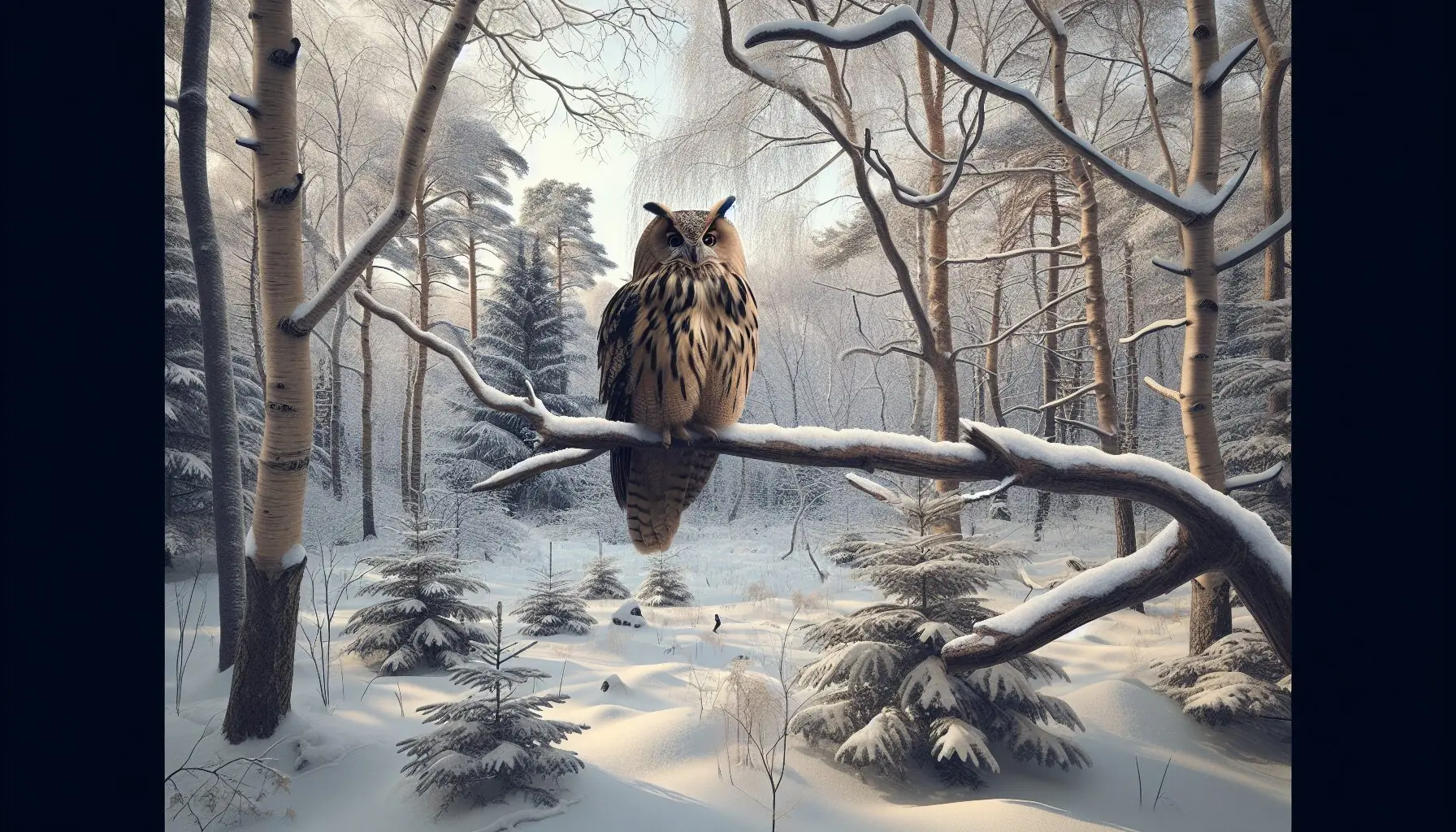 Generate an image of a snowy forest with an owl perched on a tree branch, overlooking a winter landscape.