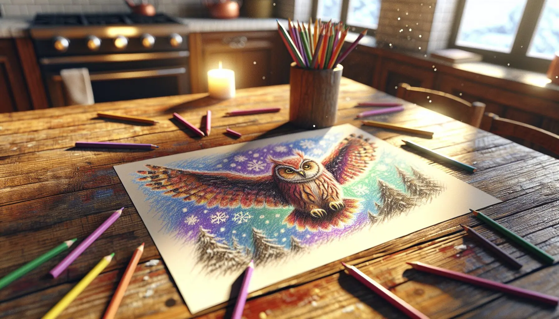Generate an image of a child's hand-drawn picture showing an owl flying through a snowy sky.