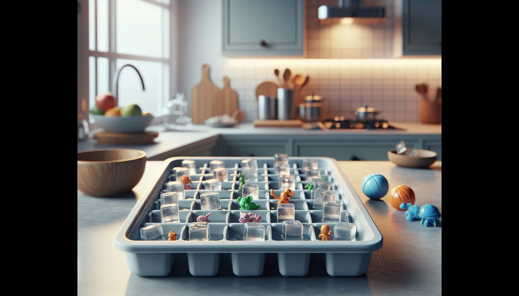 Generate an image of an ice cube tray filled with water and small plastic toys, set in a kitchen freeze.