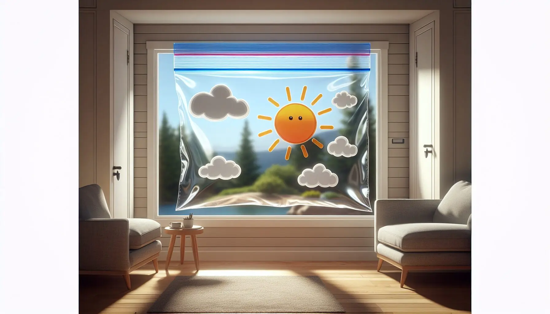 Generate an image of a window with colorful illustrations of clouds and sun, with a bright clear ziplock bag attached to the glass.