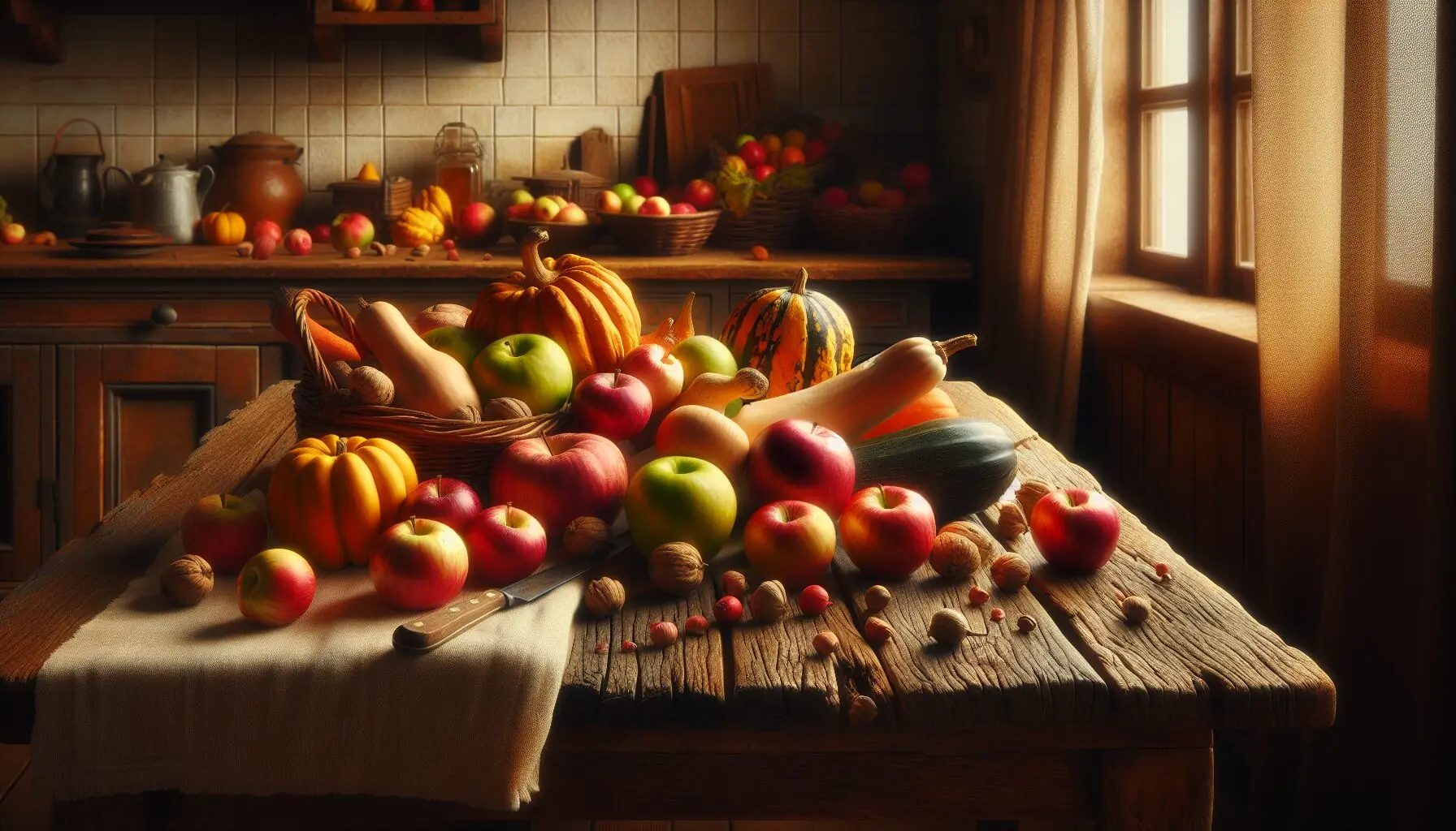 Generate an image of a variety of winter fruits and vegetables like apples and squash on a rustic kitchen table.