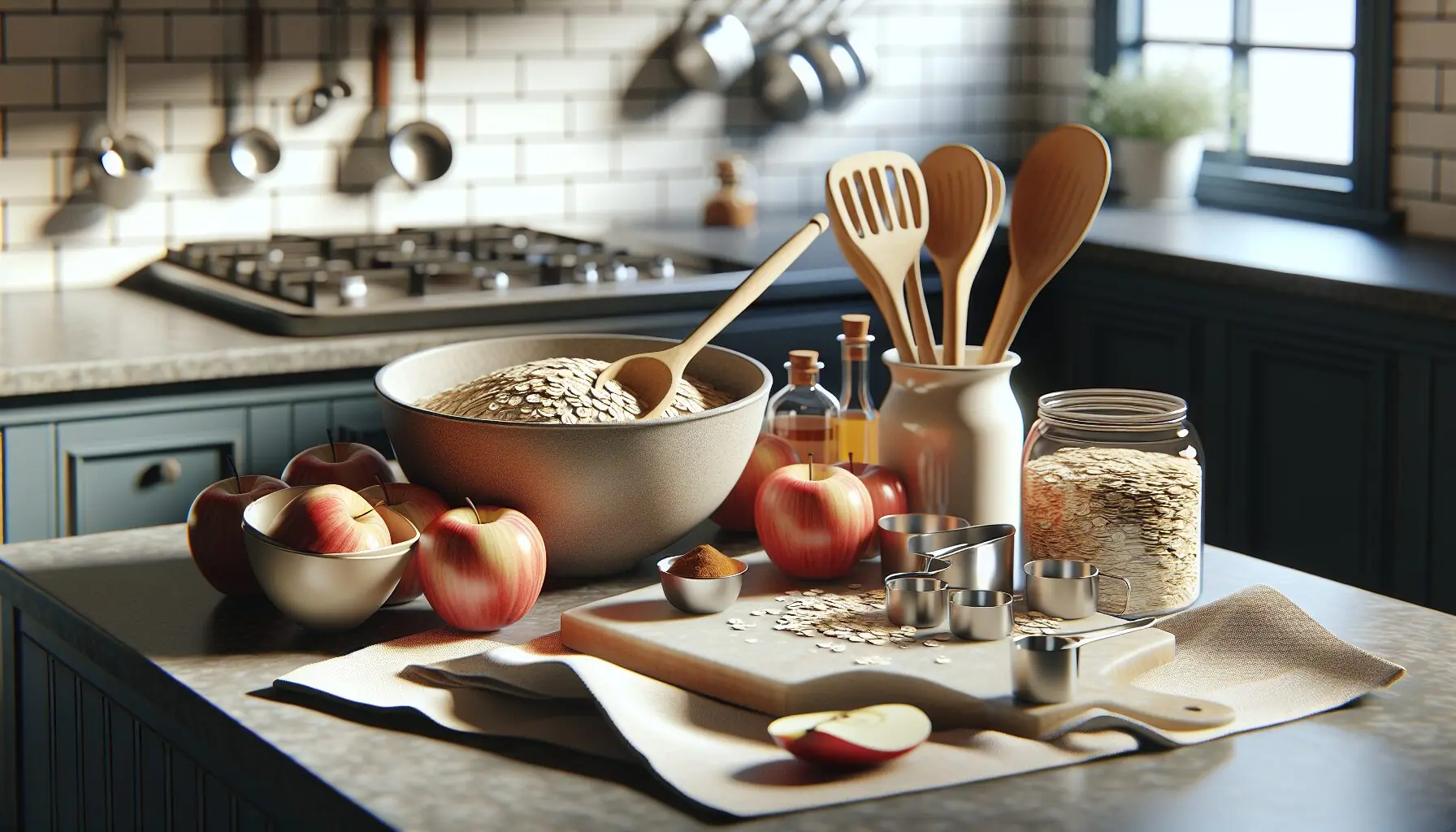 Generate an image of a parent and child cooking in a cozy kitchen together, using abstract figures to indicate activity.