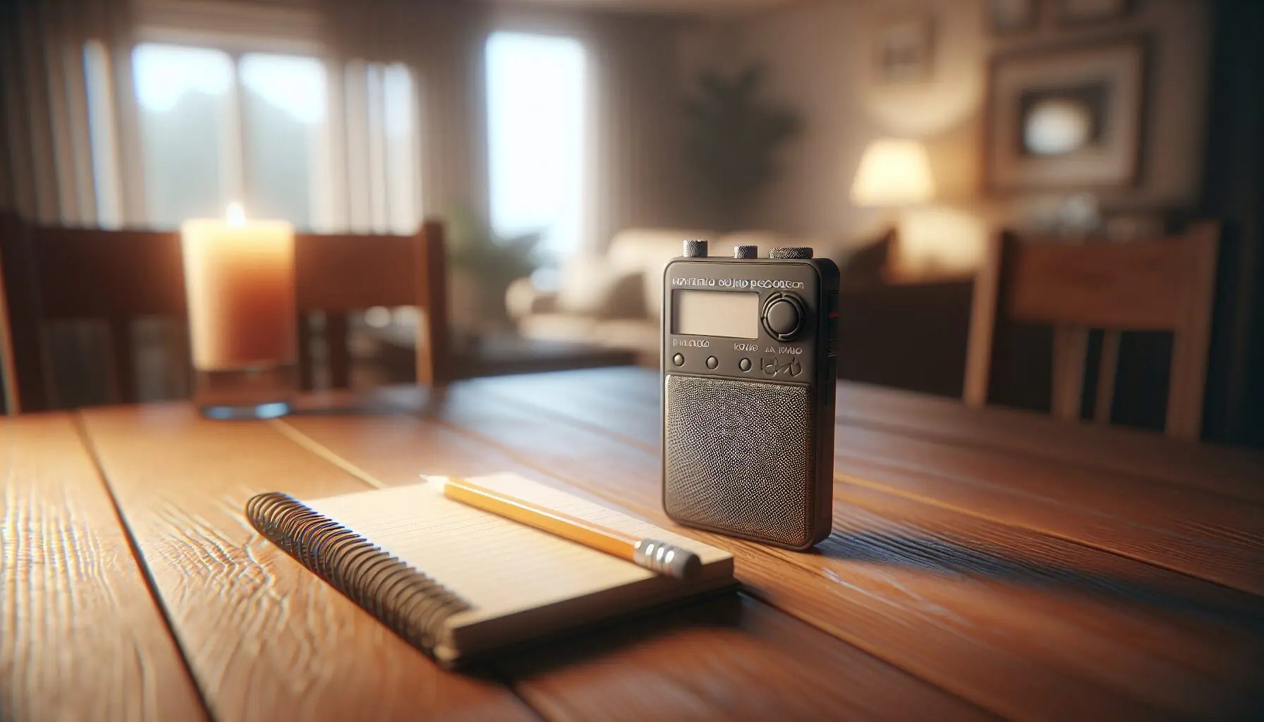 Generate an image of a simple portable sound recorder on a wooden table with a notebook and pencil.