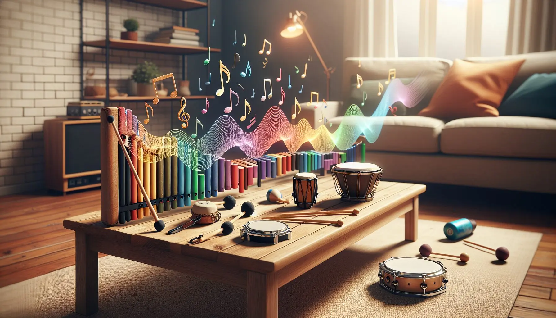 Generate an image of a cozy indoor setting with musical notes representing sound waves around a family.