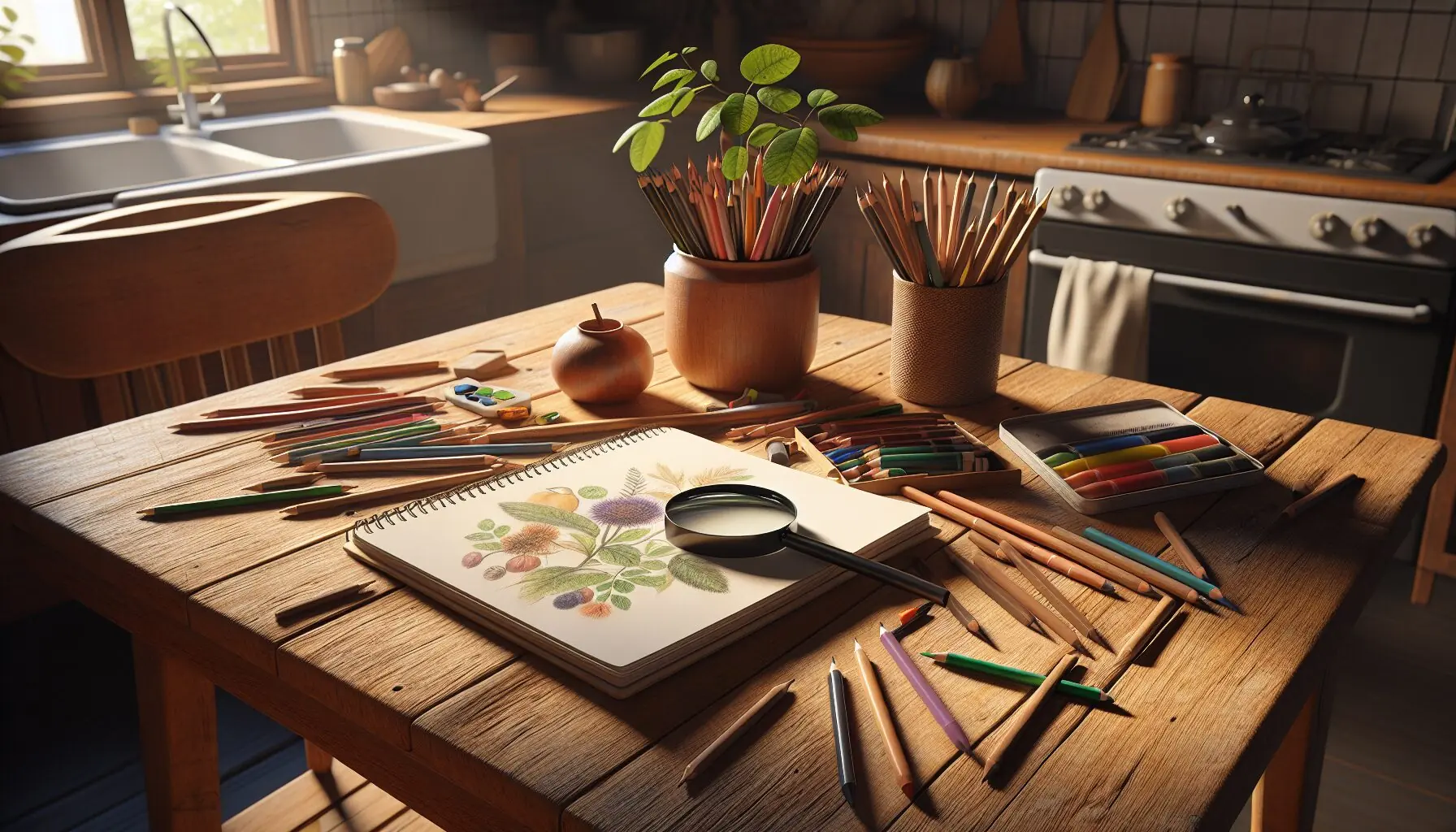 Create an illustration of a child with a magnifying glass, observing details of a winter plant and sketching it.