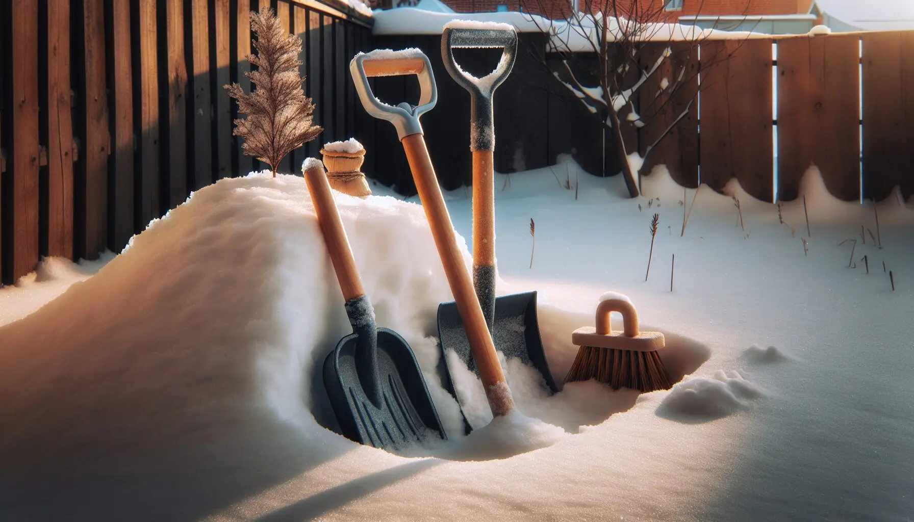 Generate an image of small child-friendly shovels and brooms resting on a snowbank.