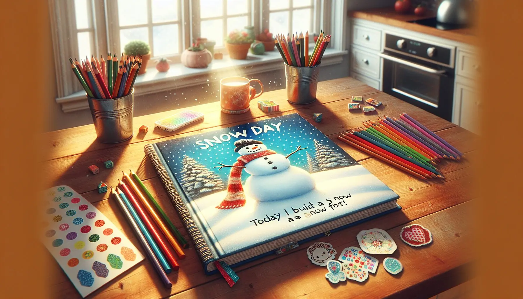 Generate an image of a vibrant journal open to a page with drawings of a snowman and hand-written notes like 'Today I built a snow fort!'