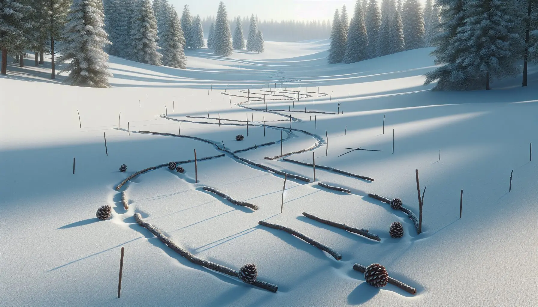 Generate an image of a snowy field dotted with sticks and pinecones marking paths.