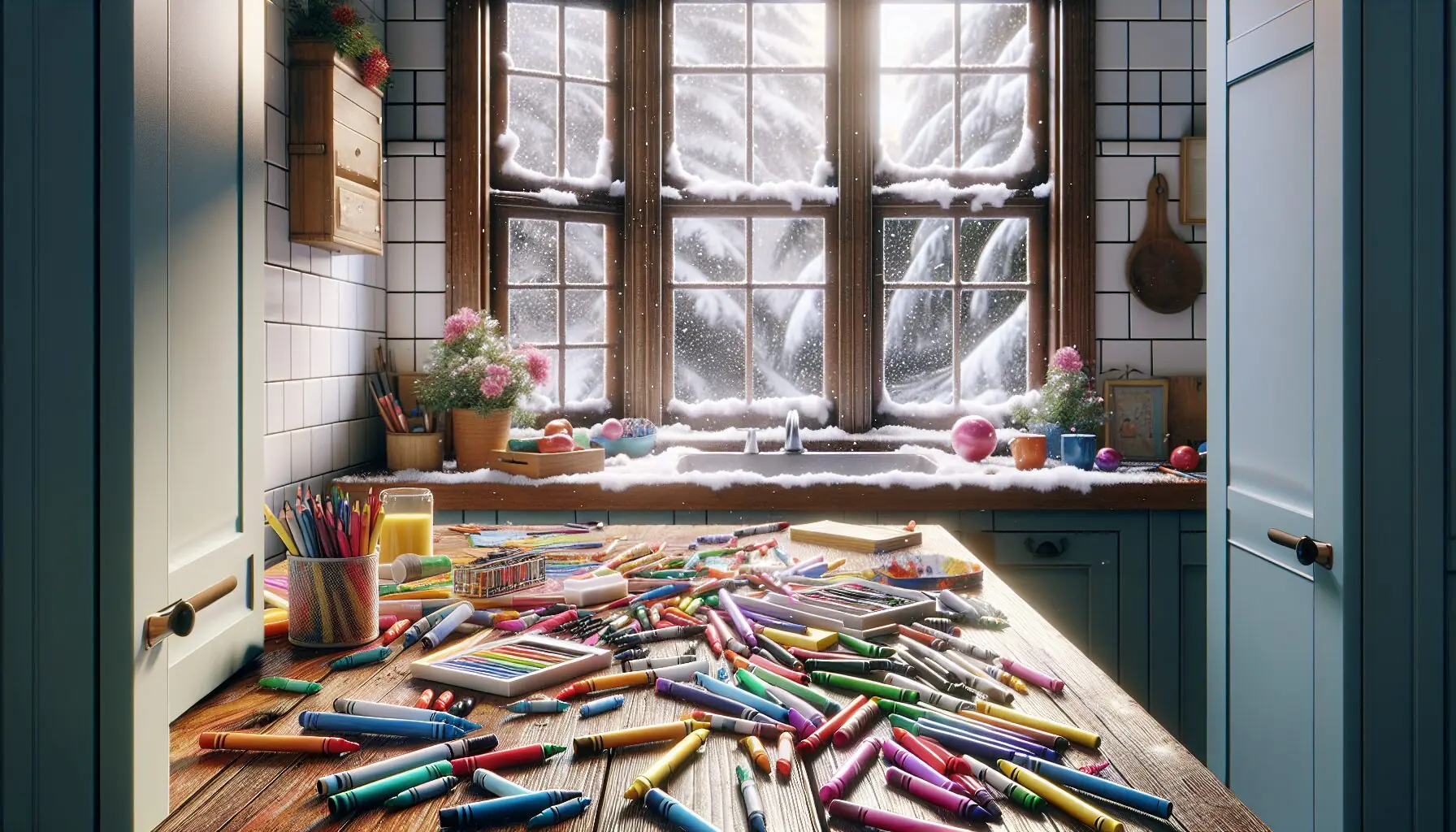 Generate an image of a colorful array of crafting materials, including markers, crayons, and a cozy window view with snowflakes gently falling.