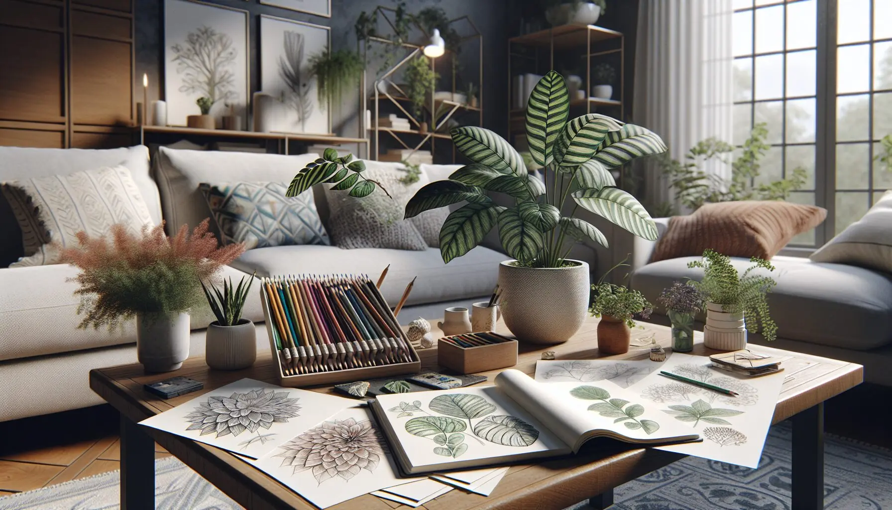 Illustrate a cozy home setting where a child shares their plant drawings with a parent, both joyfully discussing their findings.