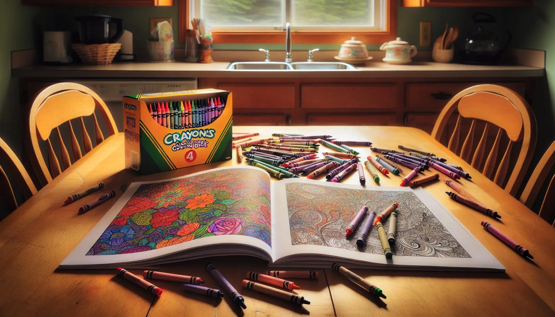 Generate an image of a colorful box of crayons and a mindful coloring book open on a table.