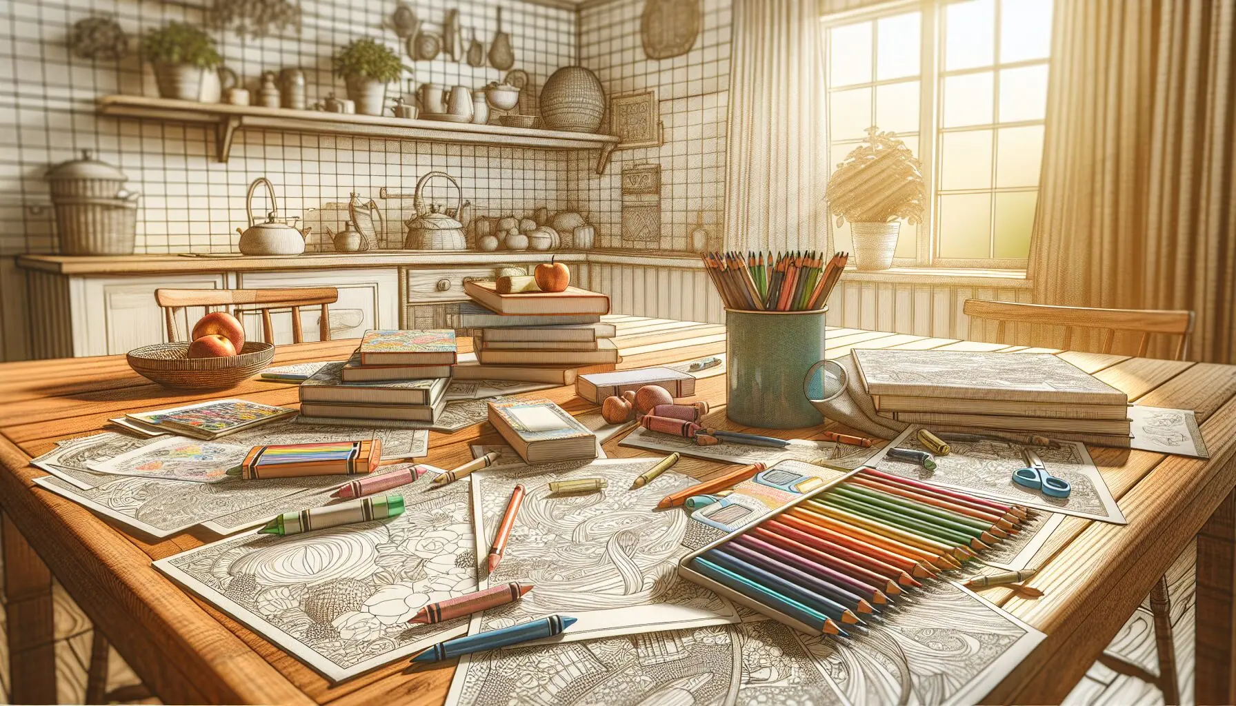 Create a cozy and inviting coloring area with children's activity materials spread out.